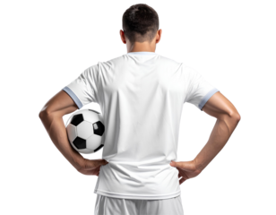 Male soccer player facing back with hands on hips holding ball, professional football athlete pose, isolated on transparent background, PNG