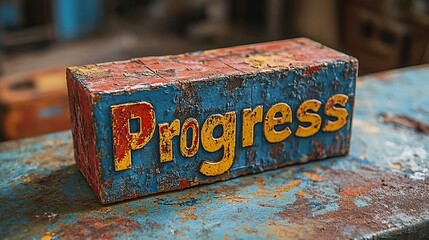 Distressed Wooden Block Bold Progress Typography Yellow Red Painted Surface Rustic Texture Vibrant Colors Evoke Development Creativity Motivational Design Art