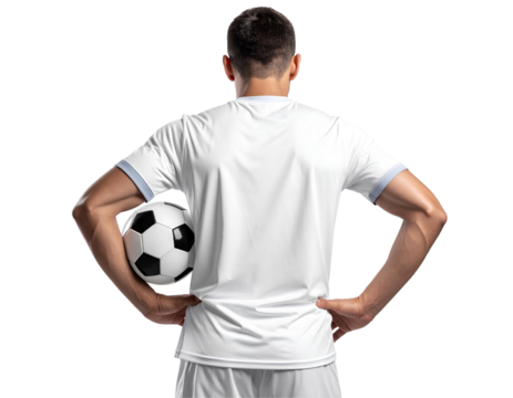 Male soccer player facing back with hands on hips holding ball, professional football athlete pose, isolated on transparent background, PNG