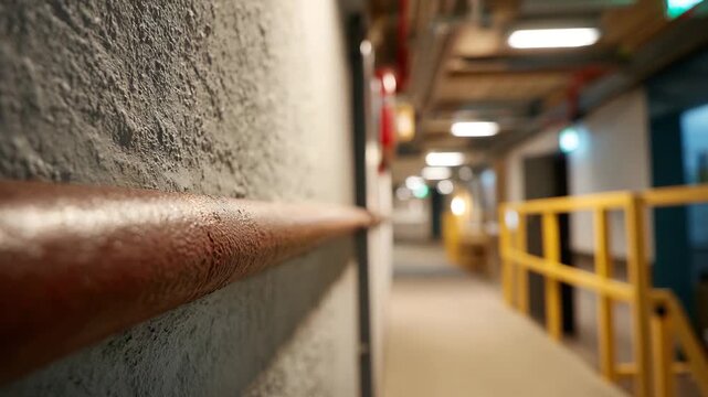 A captivating view of an industrial corridor lined with textured walls and warm lighting, conveying a sense of modern architecture and innovative design within the workspace.