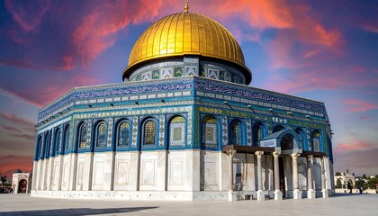 A striking, symmetrical architectural marvel with a golden dome against a vibrant, sunset-colored sky, reflecting serenity