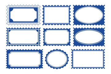 Collection of nine blank blue postage stamp frames with perforated edges and white copy space