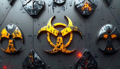 Hazardous Radiation Symbol and Biohazard Symbol on a Textured Metallic Surface