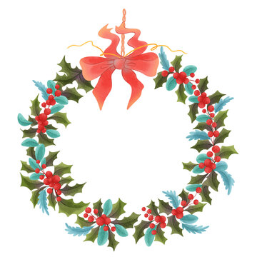 Wreath with Red Bow Merry Christmas Watercolor Clipart