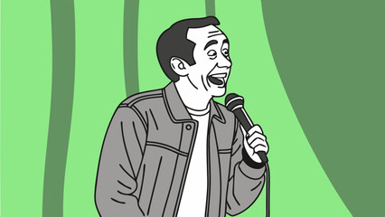 Happy Cartoon Male Speaker Laughing with Microphone on Stage for Public Speaking and Entertainment