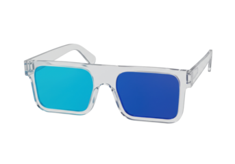 Anaglyph 3D glasses isolated PNG, cyan and blue lens eyewear for stereoscopic vision and entertainment on transparent background