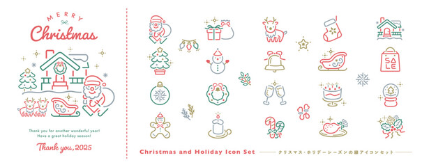 クリスマスのかわいい線アイコン・絵文字のベクターイラストセット:クリスマスツリーやサンタクロースなどシンボルの飾り