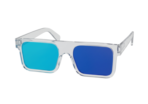 Anaglyph 3D glasses isolated PNG, cyan and blue lens eyewear for stereoscopic vision and entertainment on transparent background