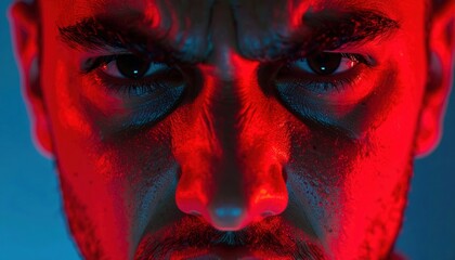 Intense male portrait in red and blue light — fierce glare, dramatic emotion and hard contrast