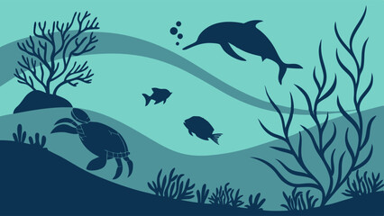 Naklejka premium Dolphin, Sea Turtle, and Fish Swimming in a Serene Underwater Ocean Scene with Coral Reef. Marine Life Ecosystem Illustration for Conservation and Education