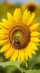 Sunflower and Bee - A Sunny Day in the Field.