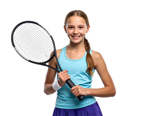 Young girl in tennis skirt holding racket cheerfully, junior female tennis player portrait, isolated on transparent background, PNG