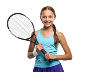 Young girl in tennis skirt holding racket cheerfully, junior female tennis player portrait, isolated on transparent background, PNG