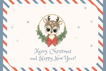 Cute Christmas card with cartoon reindeer in pine wreath, red bow, and snowflake background. Airmail-style border and festive message add charm. Perfect for seasonal greetings, branding.