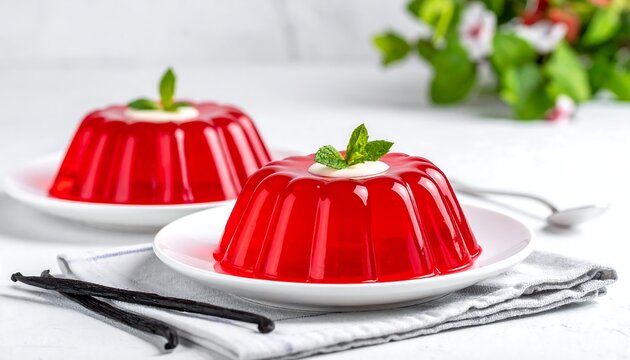 Two vibrant red gelatin desserts, garnished, on white plates