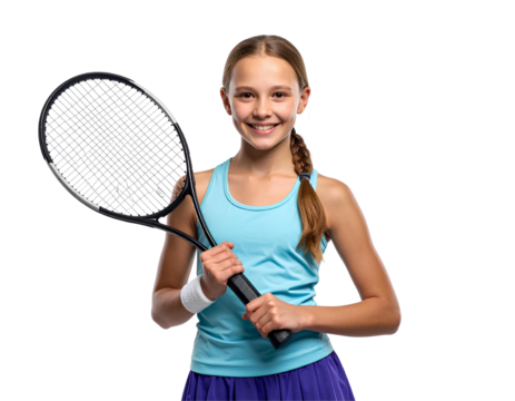 Young girl in tennis skirt holding racket cheerfully, junior female tennis player portrait, isolated on transparent background, PNG - Powered by Adobe