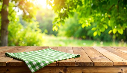 Wooden table with green checkered tablecloth, blurred nature background