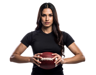 American football player in black uniform posing while gripping football with both hands, strong athlete portrait, isolated on transparent background, PNG