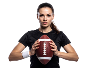 American football player in black uniform posing while gripping football with both hands, strong athlete portrait, isolated on transparent background, PNG