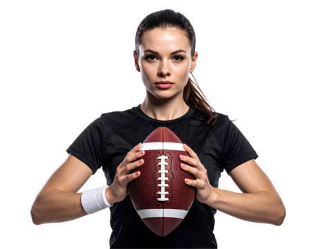 American football player in black uniform posing while gripping football with both hands, strong athlete portrait, isolated on transparent background, PNG