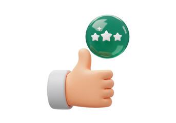 Thumbs up with three stars isolated PNG, positive feedback and customer satisfaction concept for social media and marketing