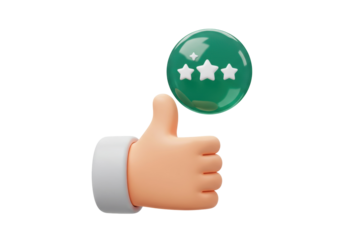 Thumbs up with three stars isolated PNG, positive feedback and customer satisfaction concept for social media and marketing