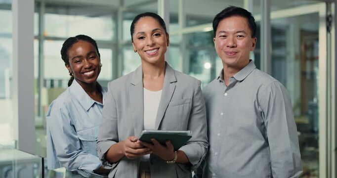 About us, face and tablet with business people in corporate workplace together for management. App, collaboration and smile of employee group in glass office for diversity, inclusion or recruitment