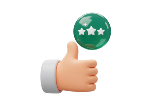 Thumbs up with three stars isolated PNG, positive feedback and customer satisfaction concept for social media and marketing