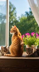 Cats basking in sunlight on a windowsill with flowers.