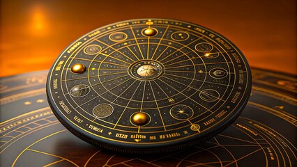 Golden astrological zodiac wheel with planetary symbols
