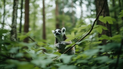 Obraz premium A curious lemur peers through the lush green foliage of a forest, embodying the essence of wildlife in its natural habitat, This image can be used for environmental campaigns, educational materials