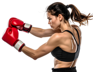 Side view portrait of young female boxer throwing a punch, athletic woman fighter, isolated on transparent background, PNG