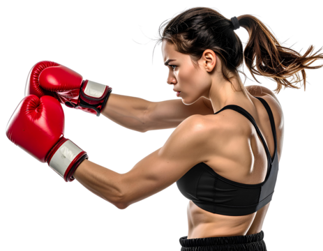 Side view portrait of young female boxer throwing a punch, athletic woman fighter, isolated on transparent background, PNG