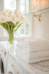 A serene laundry room features neatly stacked white towels alongside a vase of fresh lilies, exuding a fresh and clean ambiance, Ideal for interior design, home decor, or wellness themes,