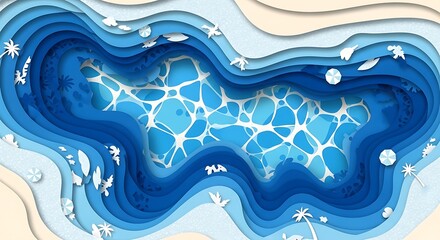 Abstract background with blue paper cut sea waves and topographic relief map effect creating depth and texture