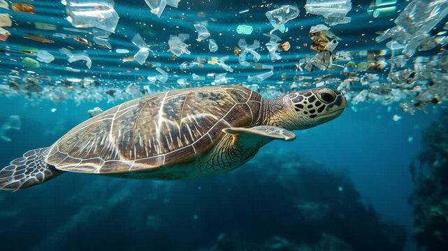 A green turtle glides gracefully through the ocean water, surrounded by plastic debris. The vibrant colors of the sea contrast sharply with the pollution, highlighting an ecological crisis.