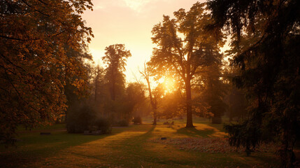Naklejka premium blurred. Tranquil park at sunset with warm golden hues, creating a peaceful natural landscape. inspiring travel planning, travel magazines, designed for travel destination branding.