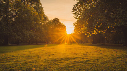 blurred. Tranquil park at sunset with warm golden hues, creating a peaceful natural landscape. inspiring travel planning, travel magazines, designed for travel destination branding.