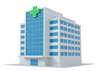 Modern hospital building isolated on transparent background, architectural 3D rendering in cartoon style for medical and healthcare design