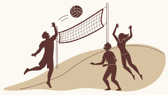 Energetic Beach Volleyball Players Spiking Ball Over Net. Summer Sports Fun, Teamwork, and Active Lifestyle for Travel and Fitness Marketing.
