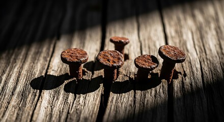 Rustic weathered wood featuring old corroded nails arrangement still life