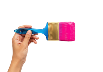 Hand holding pink paint brush PNG isolated, painting tool with blue handle for creative projects and home improvement