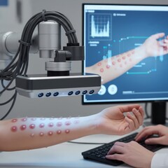 Patient's inner forearm during an allergy skin prick test multiple distinct, circular, red wheals and surrounding erythema, indicative of positive allergic reactions, arranged in a grid pattern.