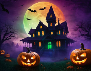 Halloween Castle Surrounded by Bats and Jack O Lanterns
