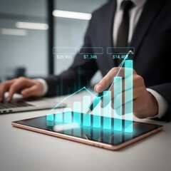 Professional's hand holding a sleek black and gold pen, pointing towards a 3D bar chart rendered digitally on a tablet screen lying on a white desk. 