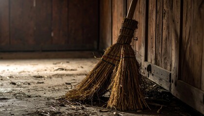 A straw broom rests against a worn wooden wall in a dimly lit, neglected interior, suggesting disuse and abandonment. The floor is covered in debris