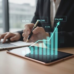 Professional's hand holding a sleek black and gold pen, pointing towards a 3D bar chart rendered digitally on a tablet screen lying on a white desk. 