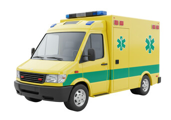 Yellow ambulance van isolated on transparent background, emergency vehicle for medical assistance and patient transportation