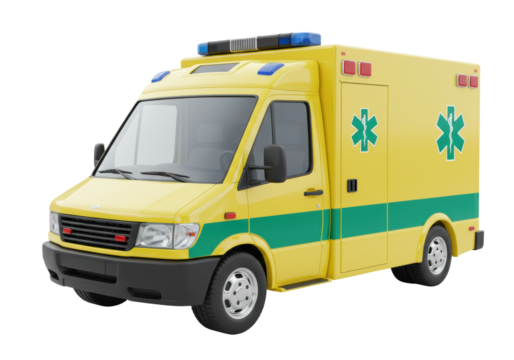 Yellow ambulance van isolated on transparent background, emergency vehicle for medical assistance and patient transportation