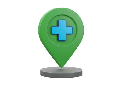 Green location pin with blue cross isolated on transparent background, medical service pointer PNG for healthcare navigation - Powered by Adobe